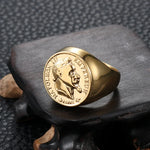 Bague chevalière Napoléon pour homme en acier inoxydable doré, reproduction fidèle de la pièce Louis d'Or, style voyageur et gitan.